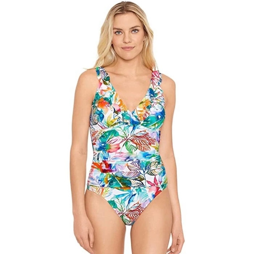 LAUREN RALPH LAUREN Tropical Caribbean Ruffle Surplice One-Piece Swimsuit